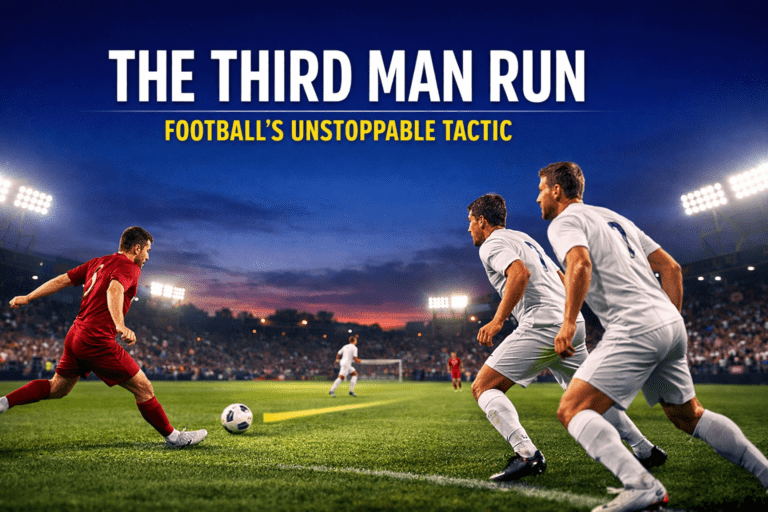 A midfielder playing a through ball while defenders are caught looking the wrong way under stadium floodlights.