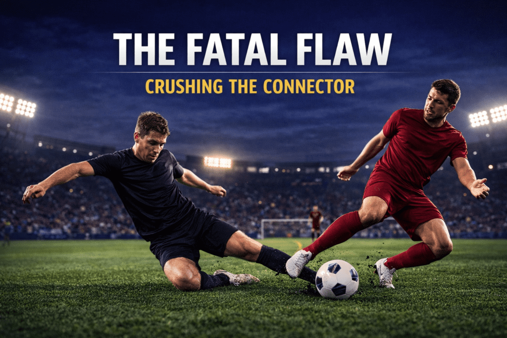 An aggressive defensive midfielder intercepting a vertical pass intended for an opposing forward.