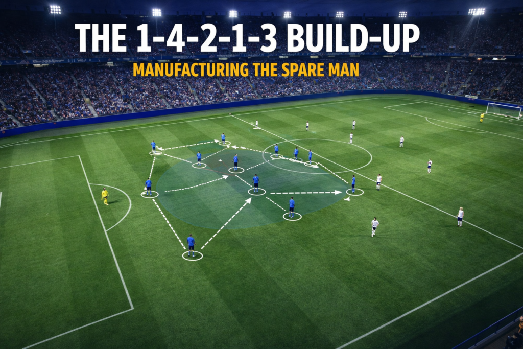 Tactical diagram showing Fabregas Como Tactics of 1-4-2-1-3 build-up shape with shaded zones highlighting central overloads and wide fullbacks.