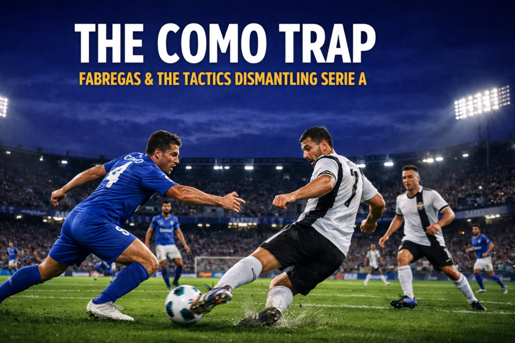 Photorealistic broadcast shot of Como players executing an aggressive press against an opponent under stadium floodlights at twilight.