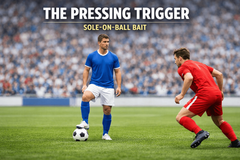 A defender pauses with the sole on the ball to provoke pressure in the De Zerbi baiting press structure build-up phase.