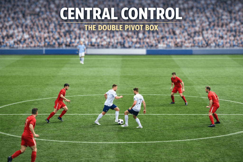 Two central midfielders positioned closely together to receive under pressure in the De Zerbi baiting press structure build-up phase.