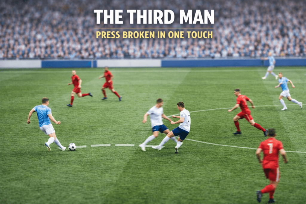 A pivot redirects a bounce pass to a free teammate during a third-man combination in the De Zerbi baiting press structure.