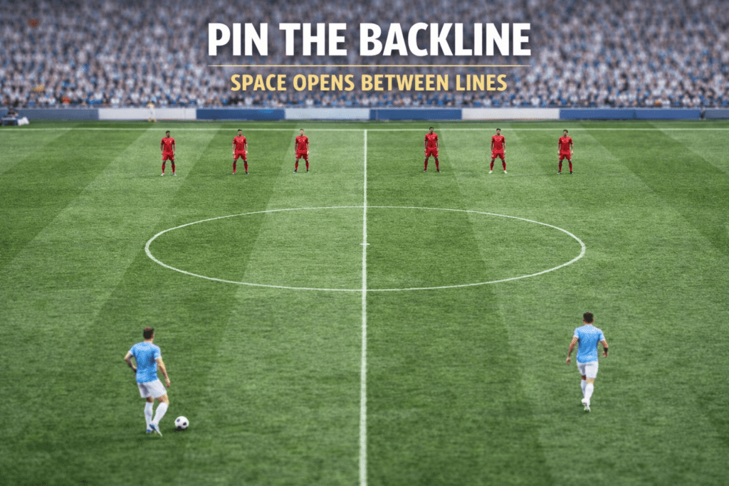 Four attackers pin the defensive line deep, creating midfield space during the De Zerbi baiting press structure build-up phase.