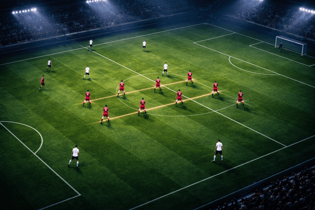 High-angle tactical drone view of a football team shifting in a compact 4-4-2 defensive block under stadium floodlights, demonstrating vertical compactness and defend without the ball tactics.