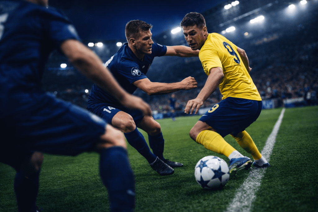 A football defender aggressively pressing an opponent against the sideline touchline during a night match, illustrating a "pressing trigger".