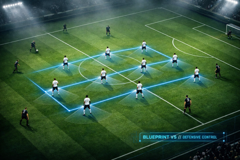 High-angle tactical view of a football team in a compact 4-4-2 mid-block formation demonstrating how to defend without the ball. Translucent graphic lines connect the defenders to illustrate vertical and horizontal compactness on a floodlit pitch, while shadow zones highlight blocked passing lanes against an opponent.