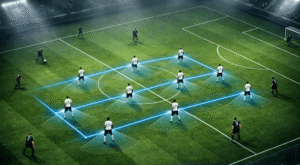 High-angle tactical view of a football team in a compact 4-4-2 mid-block formation demonstrating how to defend without the ball. Translucent graphic lines connect the defenders to illustrate vertical and horizontal compactness on a floodlit pitch, while shadow zones highlight blocked passing lanes against an opponent.