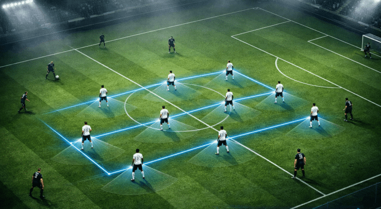 High-angle tactical view of a football team in a compact 4-4-2 mid-block formation demonstrating how to defend without the ball. Translucent graphic lines connect the defenders to illustrate vertical and horizontal compactness on a floodlit pitch, while shadow zones highlight blocked passing lanes against an opponent.