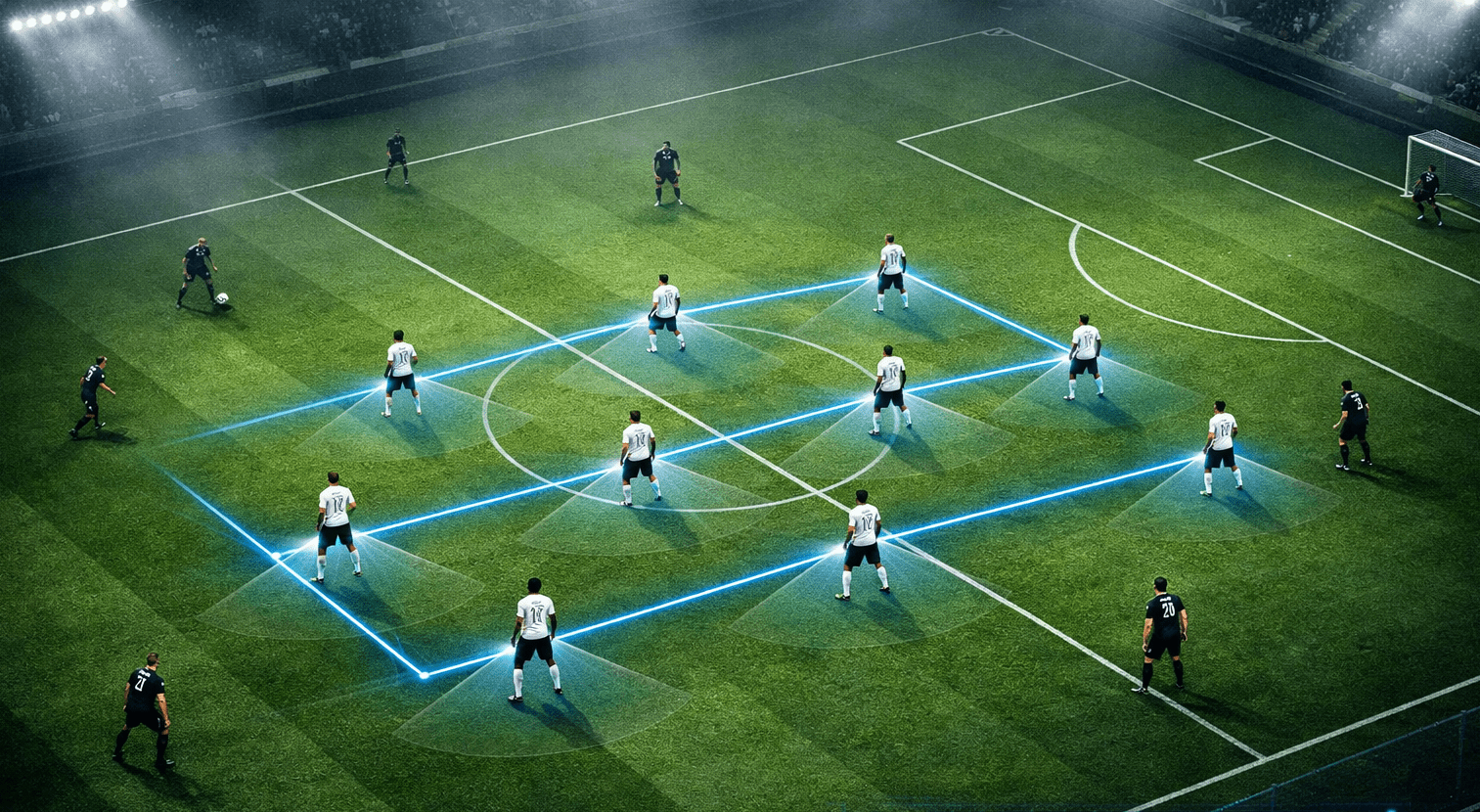 High-angle tactical view of a football team in a compact 4-4-2 mid-block formation demonstrating how to defend without the ball. Translucent graphic lines connect the defenders to illustrate vertical and horizontal compactness on a floodlit pitch, while shadow zones highlight blocked passing lanes against an opponent.