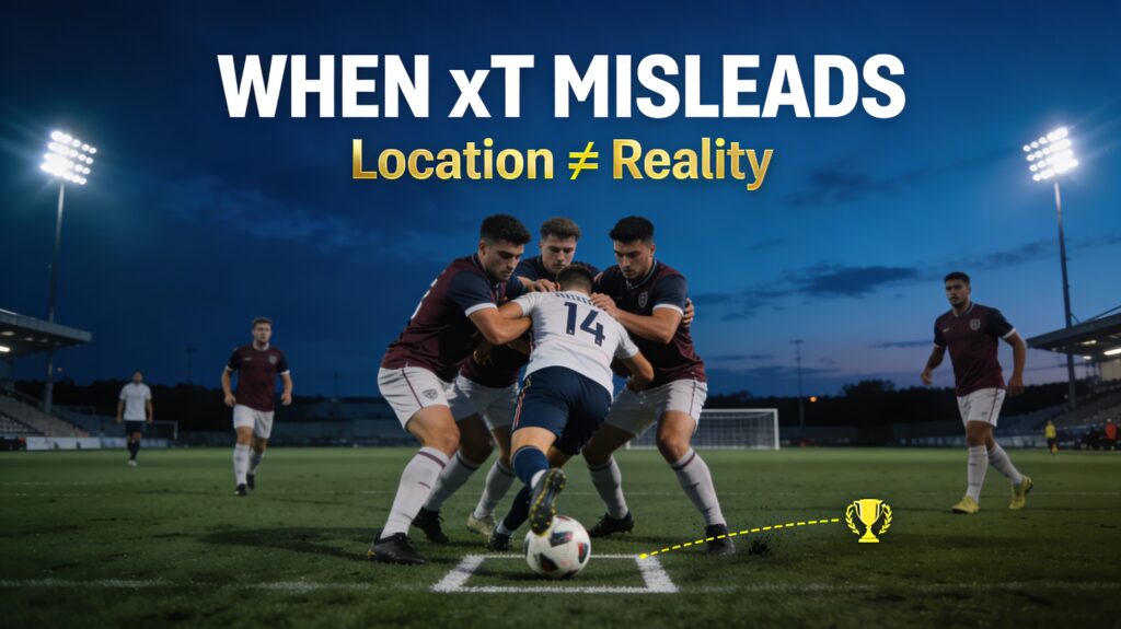 Attacker receiving a pass in a crowded central area to demonstrate how Expected Threat can ignore defensive pressure.