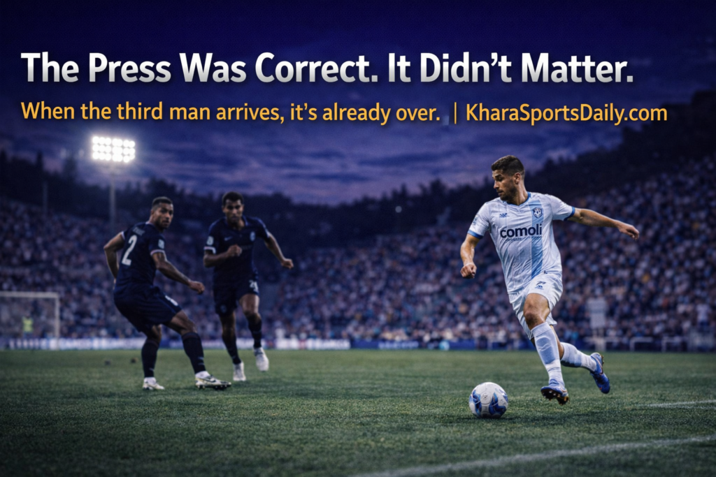 An attacking midfielder arriving late into space behind a retreating defence as two opposition defenders scramble to recover, ball arriving into the area at a Serie A stadium under floodlights