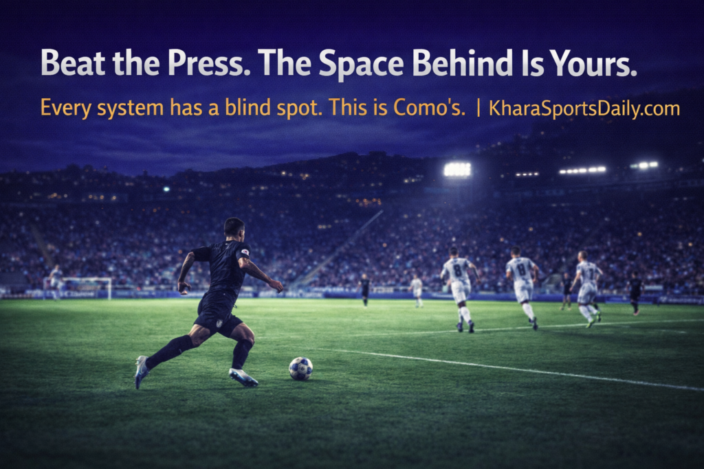 A counter-attacking forward in dark kit accelerating through a large gap in the midfield with only the goalkeeper to beat, the defending midfield line visible behind and out of position