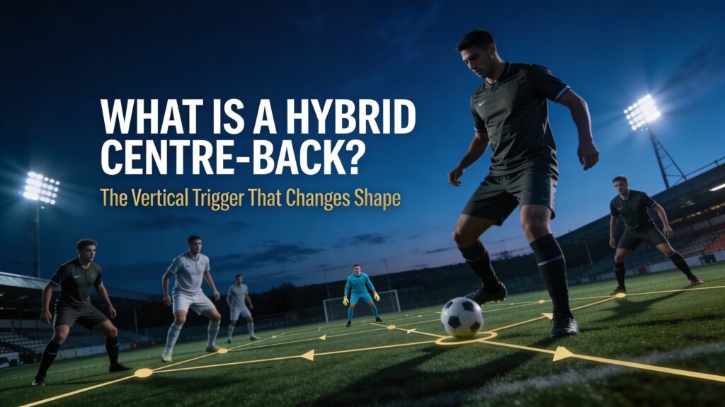 Football scene showing a centre-back stepping into midfield during build-up while teammates shift into a rest defense structure.