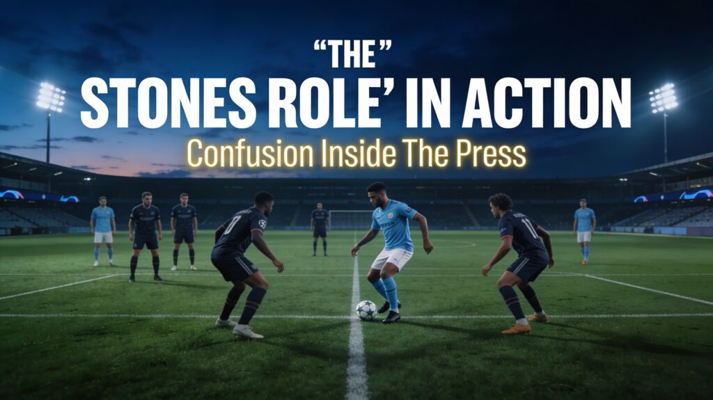 Football image showing a hybrid centre-back receiving between pressing lines while opposition forwards hesitate.