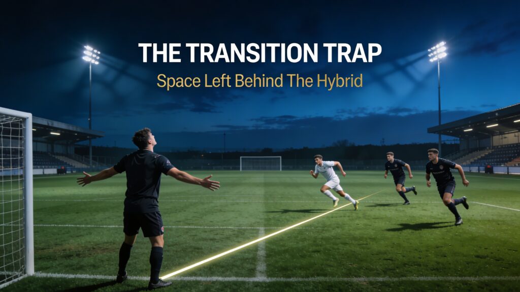 Twilight football scene showing a turnover in midfield exposing the defensive channel after a hybrid centre-back advances forward.
