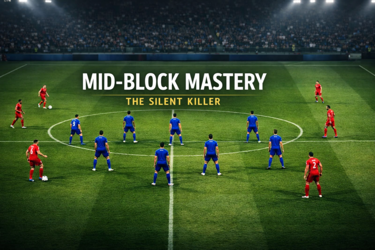 A compact 4-4-2 mid-block pressing structure shown controlling central space in the middle third of a football pitch.