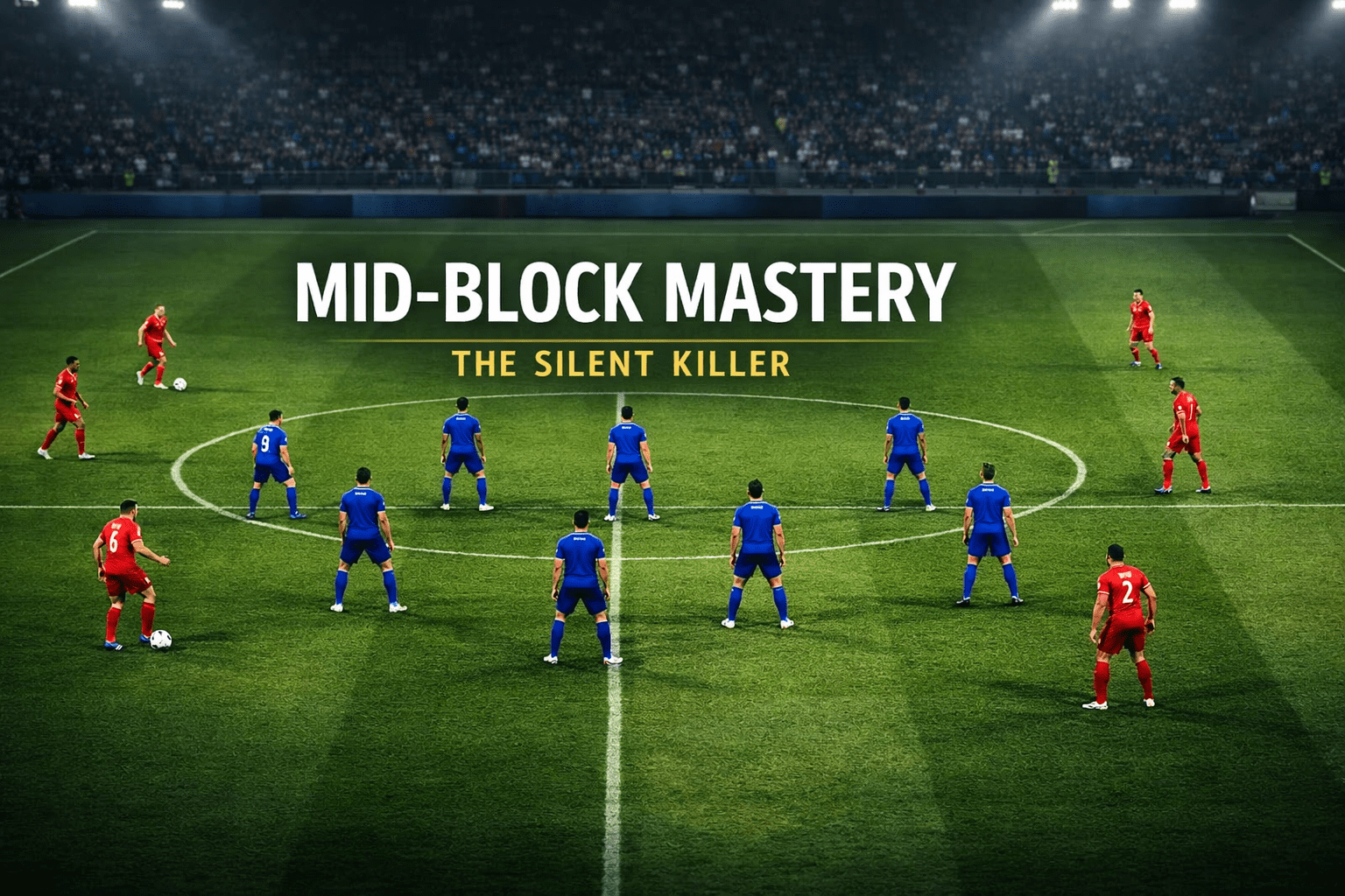 A compact 4-4-2 mid-block pressing structure shown controlling central space in the middle third of a football pitch.