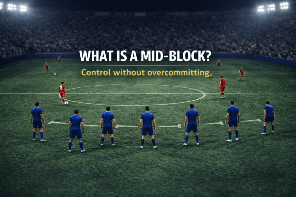 A compact mid-block pressing structure denying central passing lanes in the middle third of a football pitch.