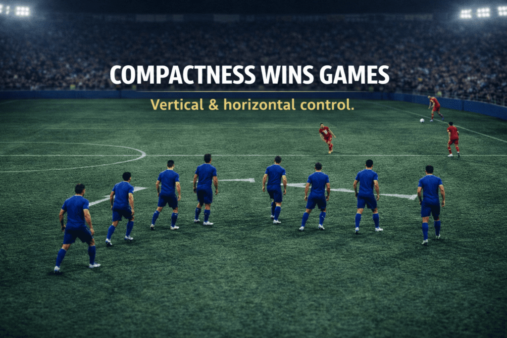 A compact defensive block sliding laterally to force play toward the touchline during a mid-block press.