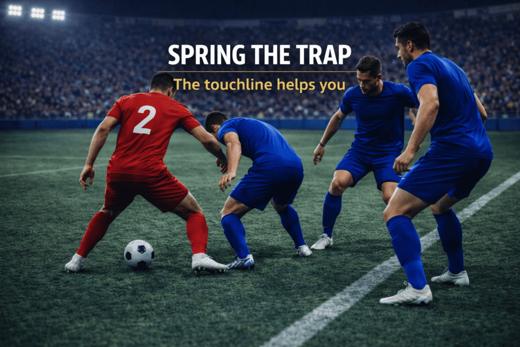 A three-man pressing trap forming near the touchline to isolate the ball carrier in a mid-block.