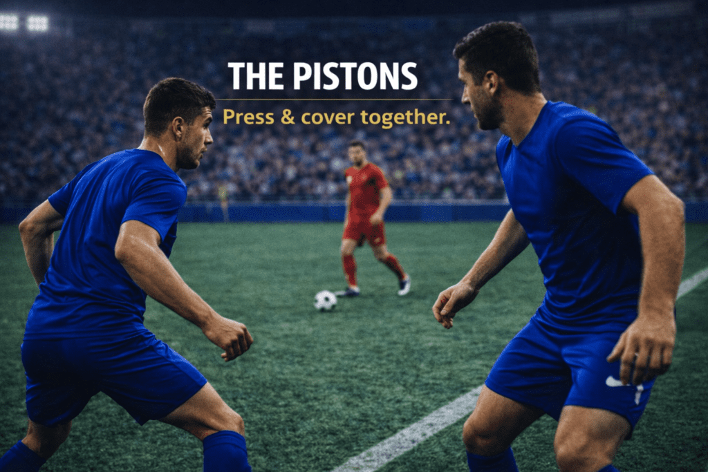 Two central midfielders coordinating pressing and cover roles within a mid-block structure.