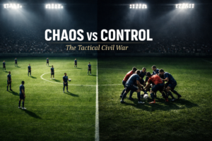 A split football pitch contrasting rigid positional structure with chaotic relationist player clustering around the ball, illustrating the tactical divide between Relationism vs Positionism.