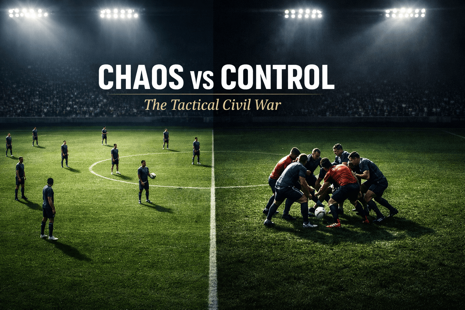 A split football pitch contrasting rigid positional structure with chaotic relationist player clustering around the ball, illustrating the tactical divide between Relationism vs Positionism.