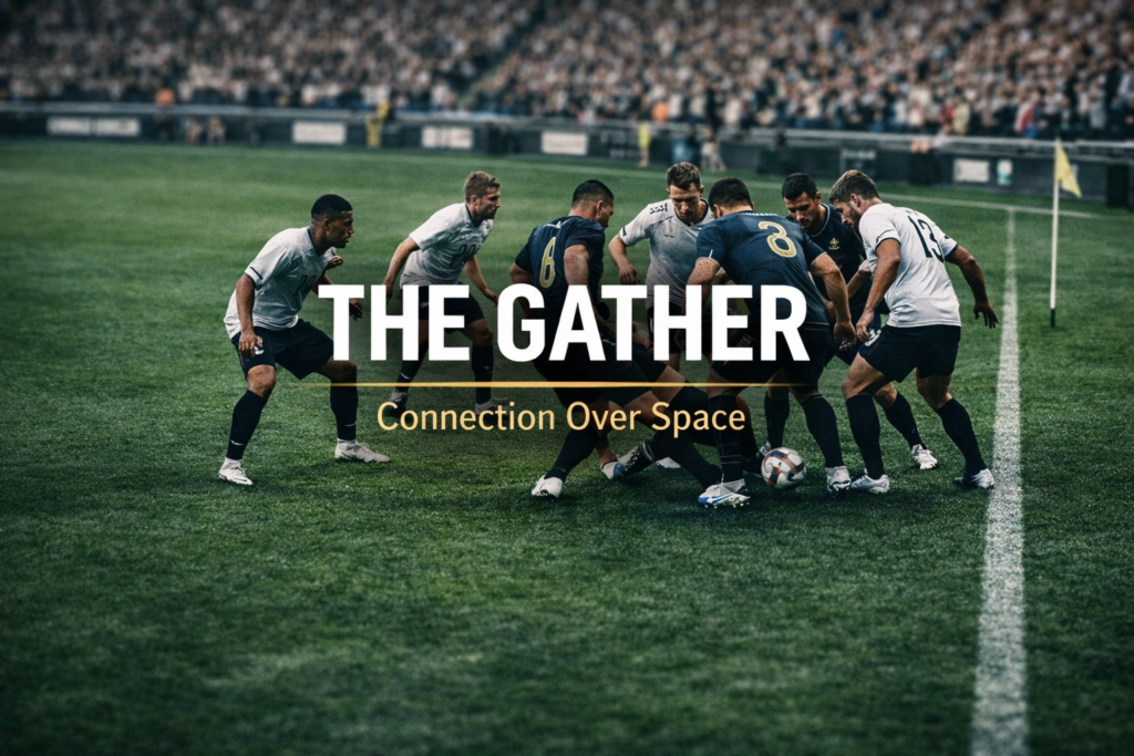 A relationist attacking overload with multiple players clustering near the ball, demonstrating how Relationism prioritizes player connection and numerical superiority.