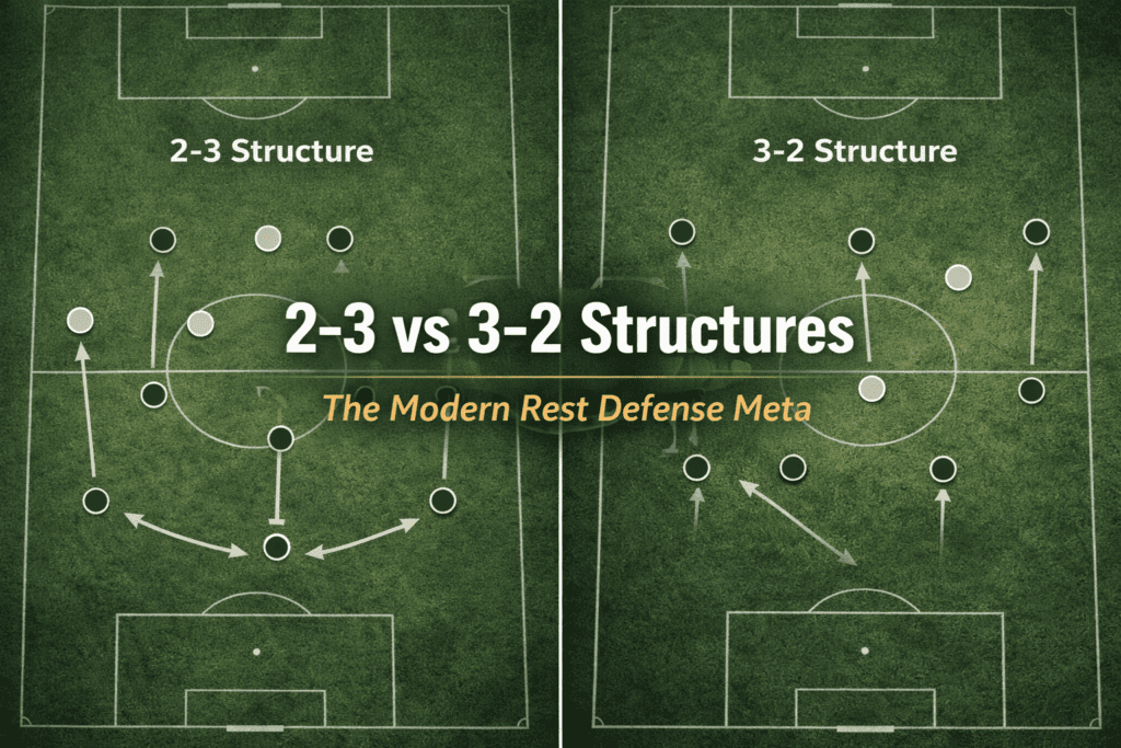 Top-down tactical diagram comparing 2-3 and 3-2 rest defense structures showing player positioning and coverage lanes during attacking phases.