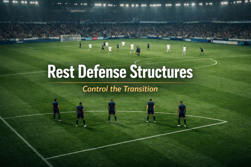 editorial football image showing a structured 3-2 rest defense shape behind an attacking phase, illustrating how elite teams control transitions through compact positioning.