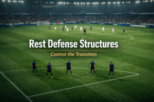 editorial football image showing a structured 3-2 rest defense shape behind an attacking phase, illustrating how elite teams control transitions through compact positioning.