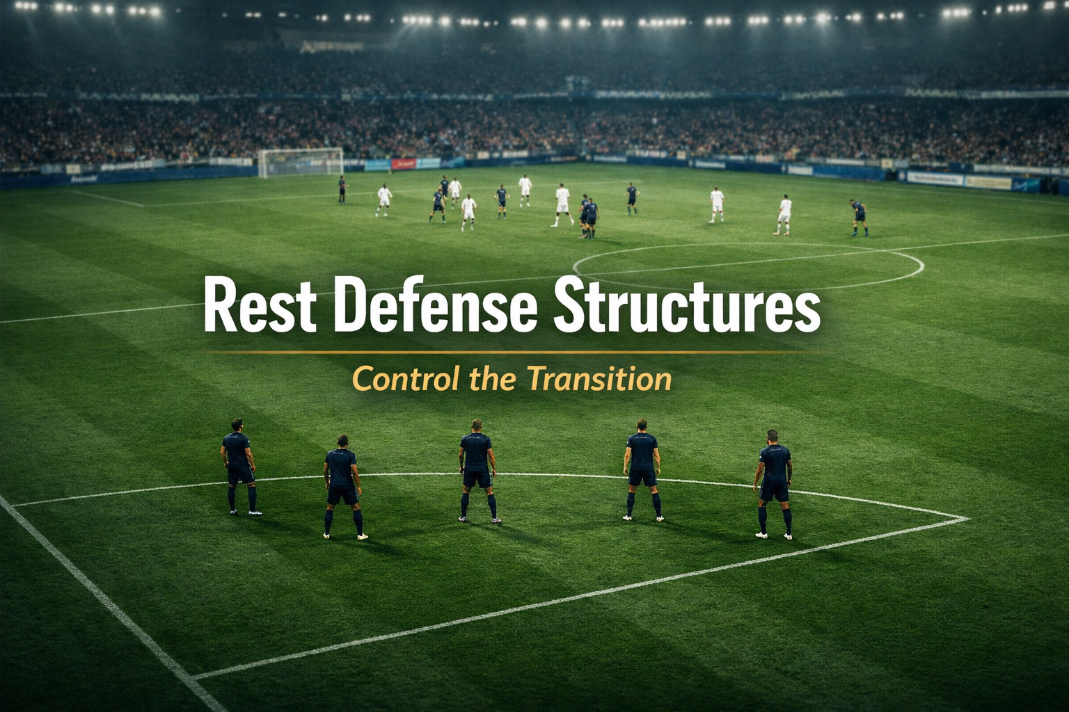 editorial football image showing a structured 3-2 rest defense shape behind an attacking phase, illustrating how elite teams control transitions through compact positioning.