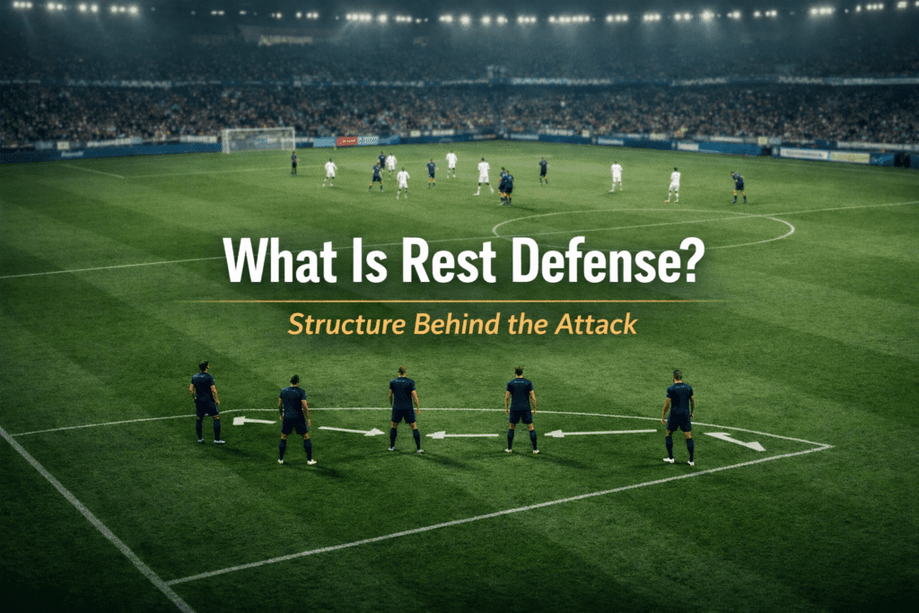 football scene showing attacking players ahead of the ball while a compact rest defense unit holds structured positions behind play to prevent counter-attacks.