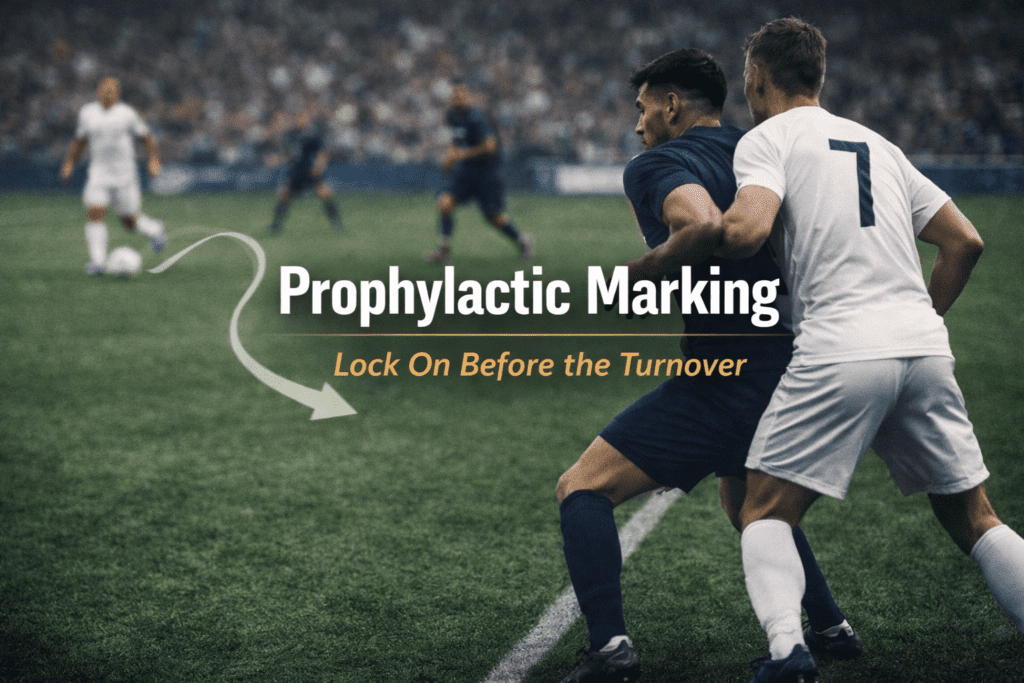 Close tactical scene showing a defender tightly marking an outlet attacker during an attacking phase to demonstrate prophylactic marking in rest defense.