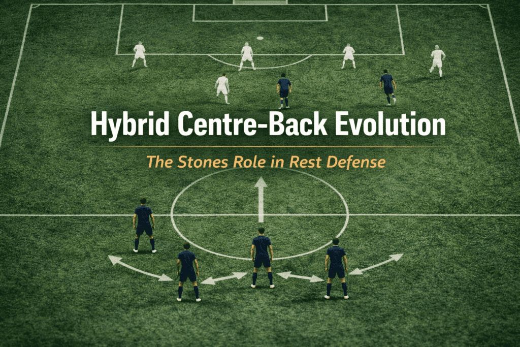 Half-pitch tactical diagram showing a hybrid center-back stepping into midfield to form a 3-2 rest defense structure behind possession play.