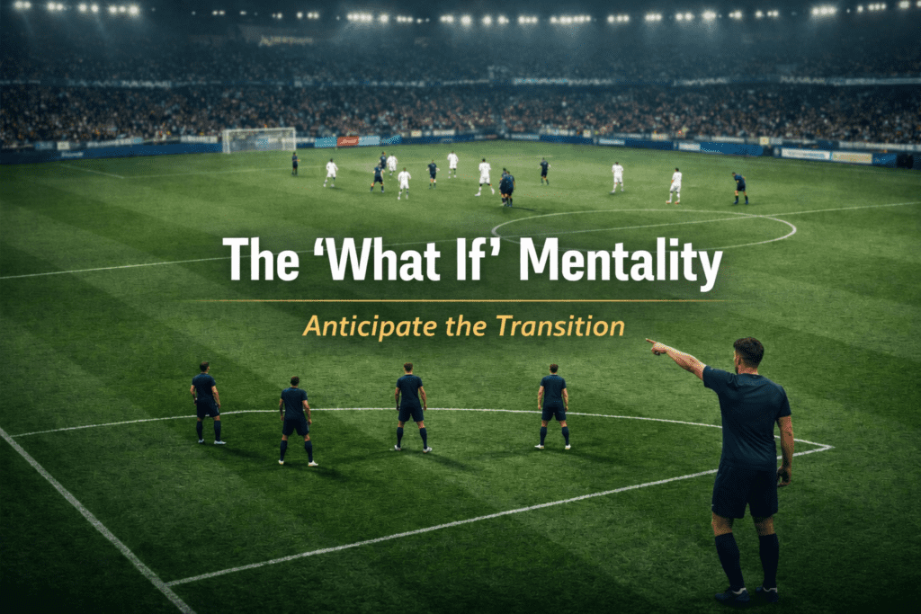 Wide tactical football scene showing defenders scanning and organizing rest defense positioning during an attacking phase to anticipate transitions.