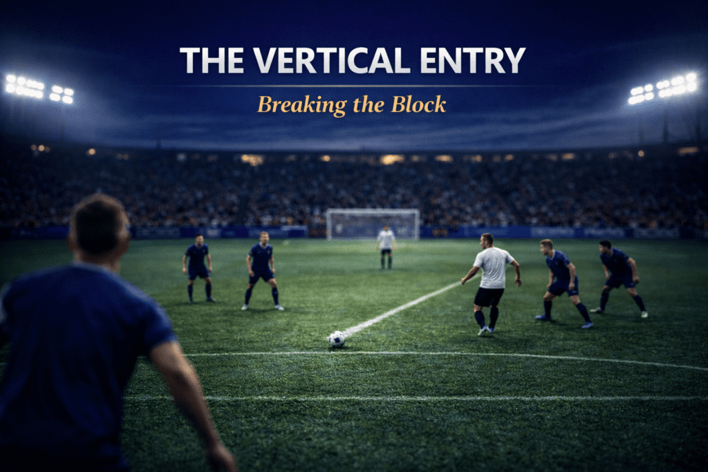 Football tactics image showing a vertical pass played from defense into Zone 14, bypassing the midfield line.