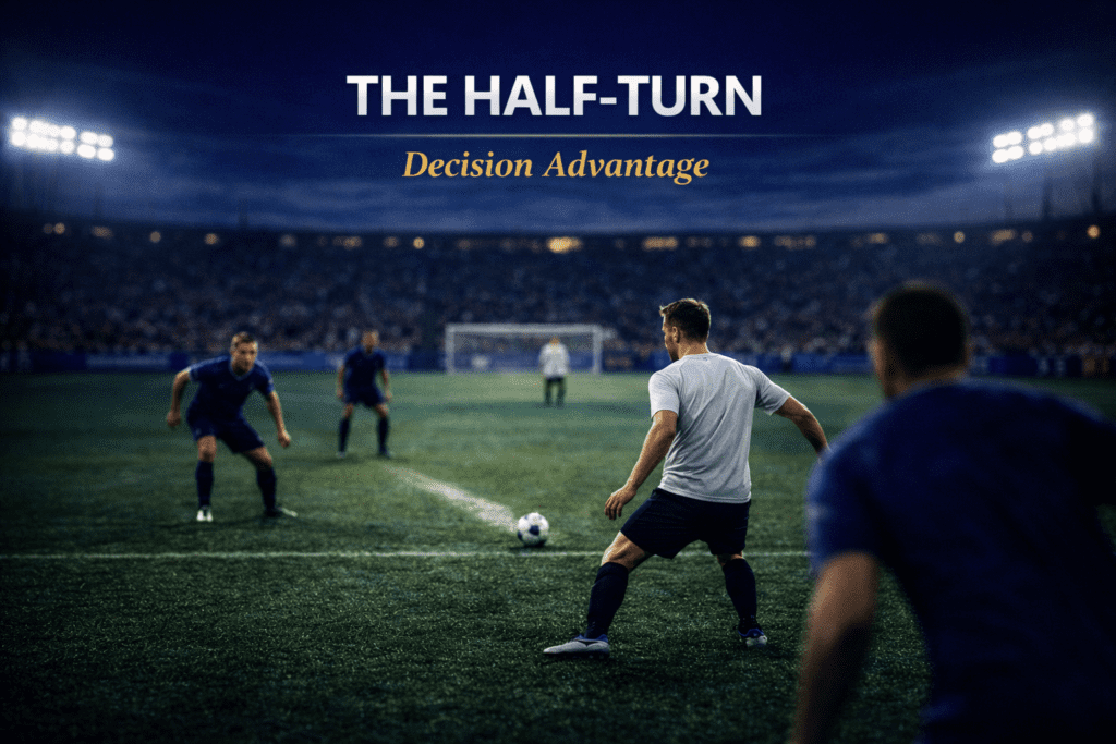 Editorial football image showing a playmaker receiving the ball on the half-turn in Zone 14 under pressure.