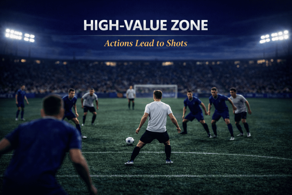 Football analysis image showing sustained attacking presence in Zone 14 leading to shot creation.