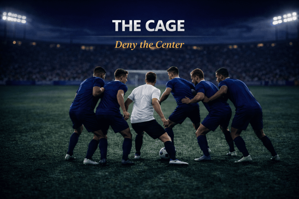 Defensive football image showing a compact block protecting Zone 14 through vertical compactness.