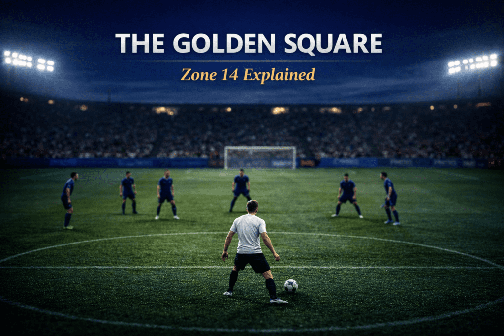 Editorial football image illustrating the central space outside the penalty area known as Zone 14, where playmakers receive between the lines.