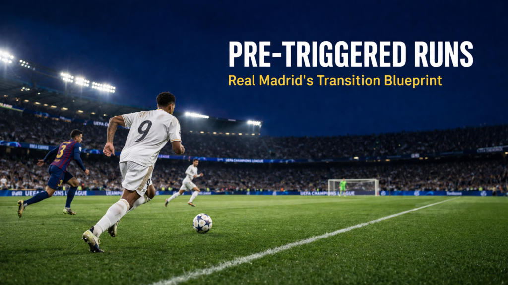 A Real Madrid-style forward accelerates in behind the defensive line on a pre-triggered run — the core of Xabi Alonso's attacking transition system