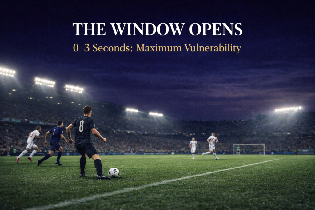Two attacking players exploit the 3-second window after a midfield ball regain, running in behind a disorganised defensive line