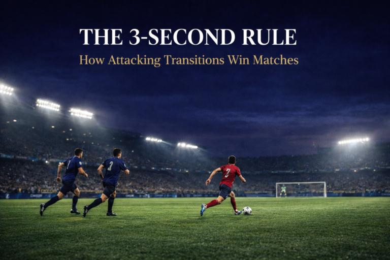 A striker accelerates through on goal as defenders scramble to recover — illustrating the attacking transitions 3-second rule in football