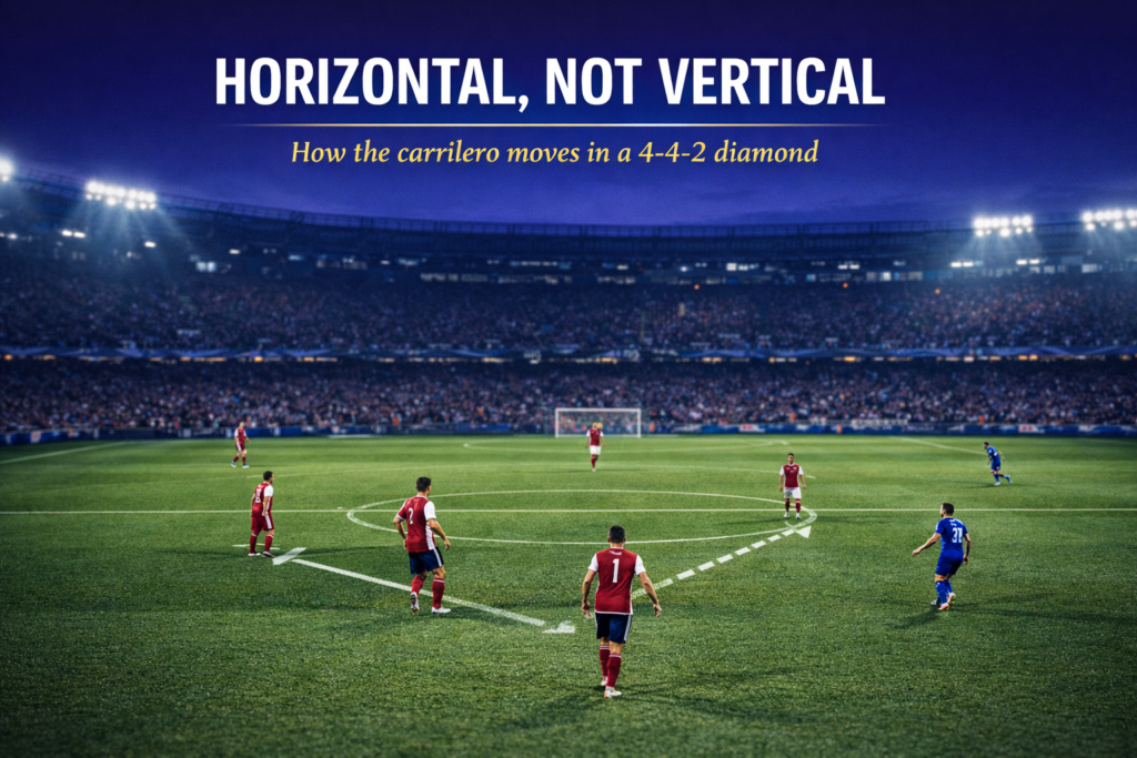 A 4-4-2 diamond midfield shape visible in broadcast lighting, with a carrilero shuttling from the centre to the flank.