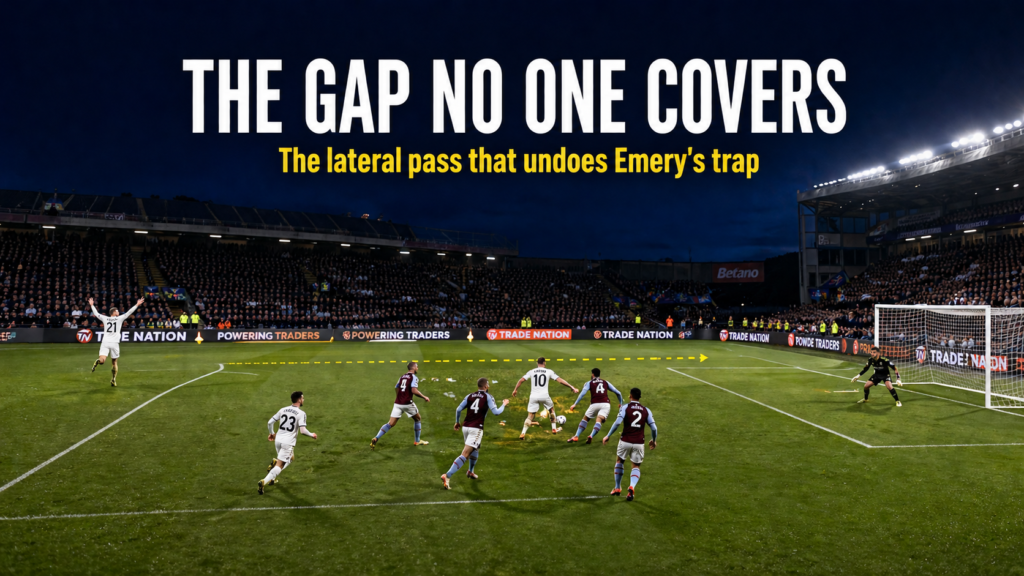 Aston Villa back four collapsed ball-side leaving far-post runner unmarked against high line trap
