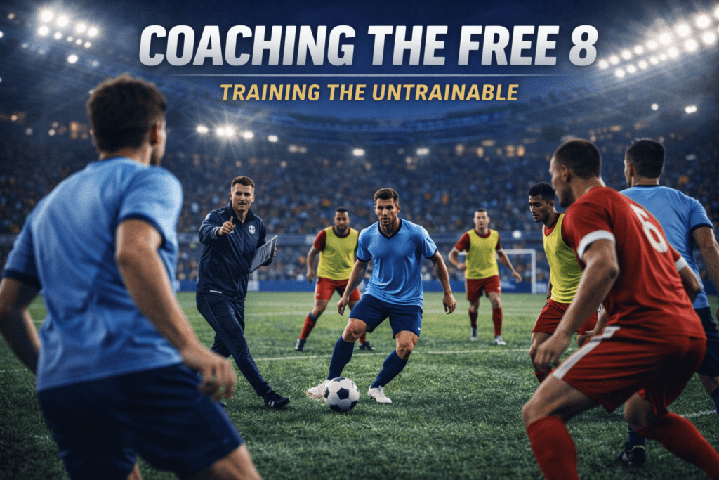 A training-ground football scenario showing an attacking midfielder operating in the half-space during a high-intensity positional game, illustrating how the Free 8 role is coached under pressure.