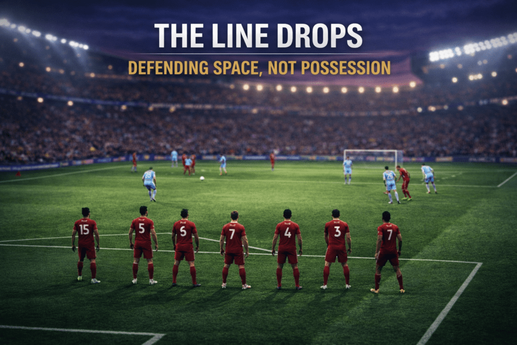 Defensive line dropping deeper after taking a 1-0 lead to control space.