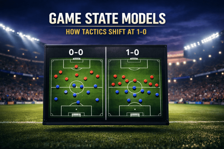 Football stadium image illustrating tactical contrast between 0-0 and 1-0 game state model.
